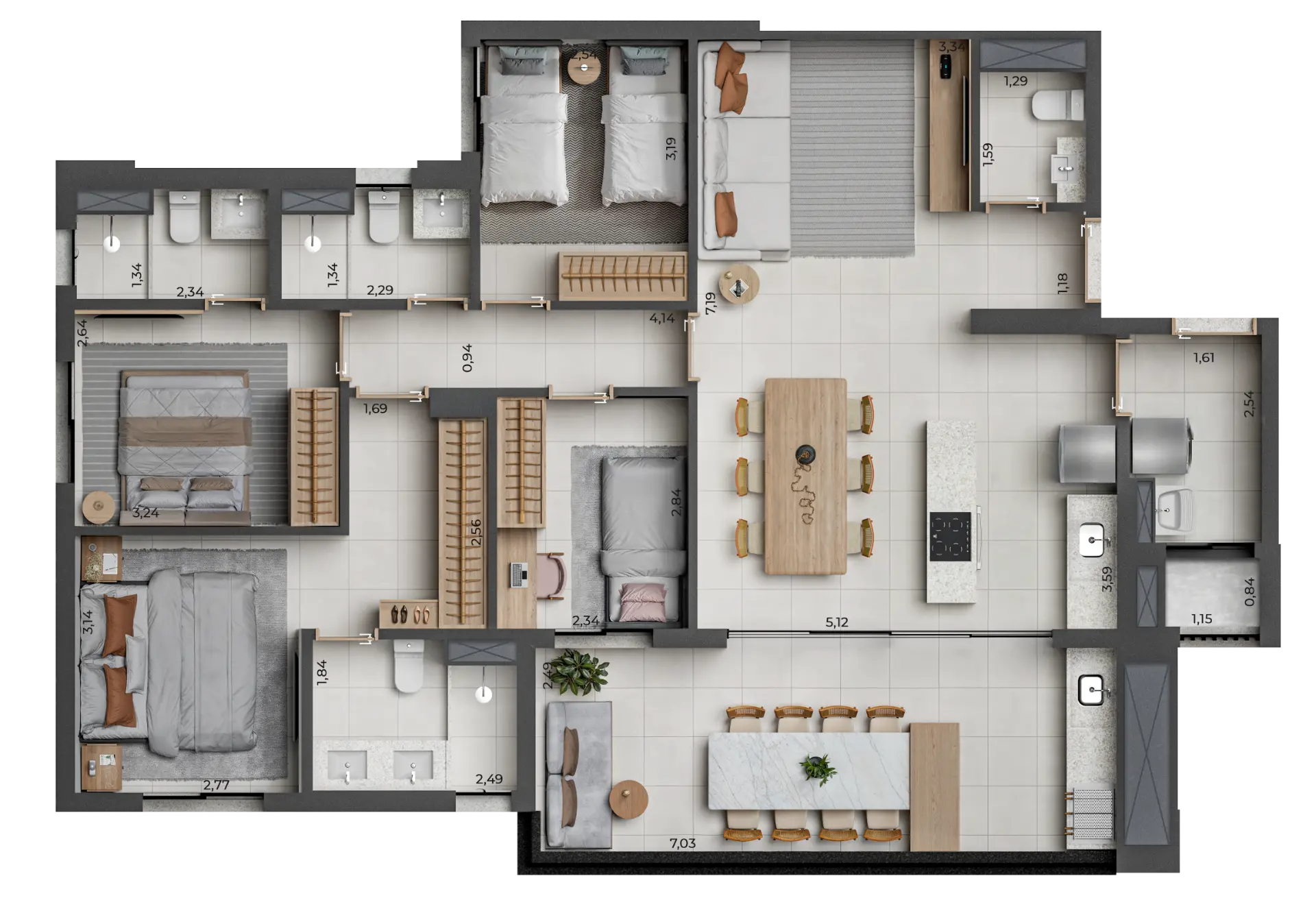 Planta do apartamento de 127 m²