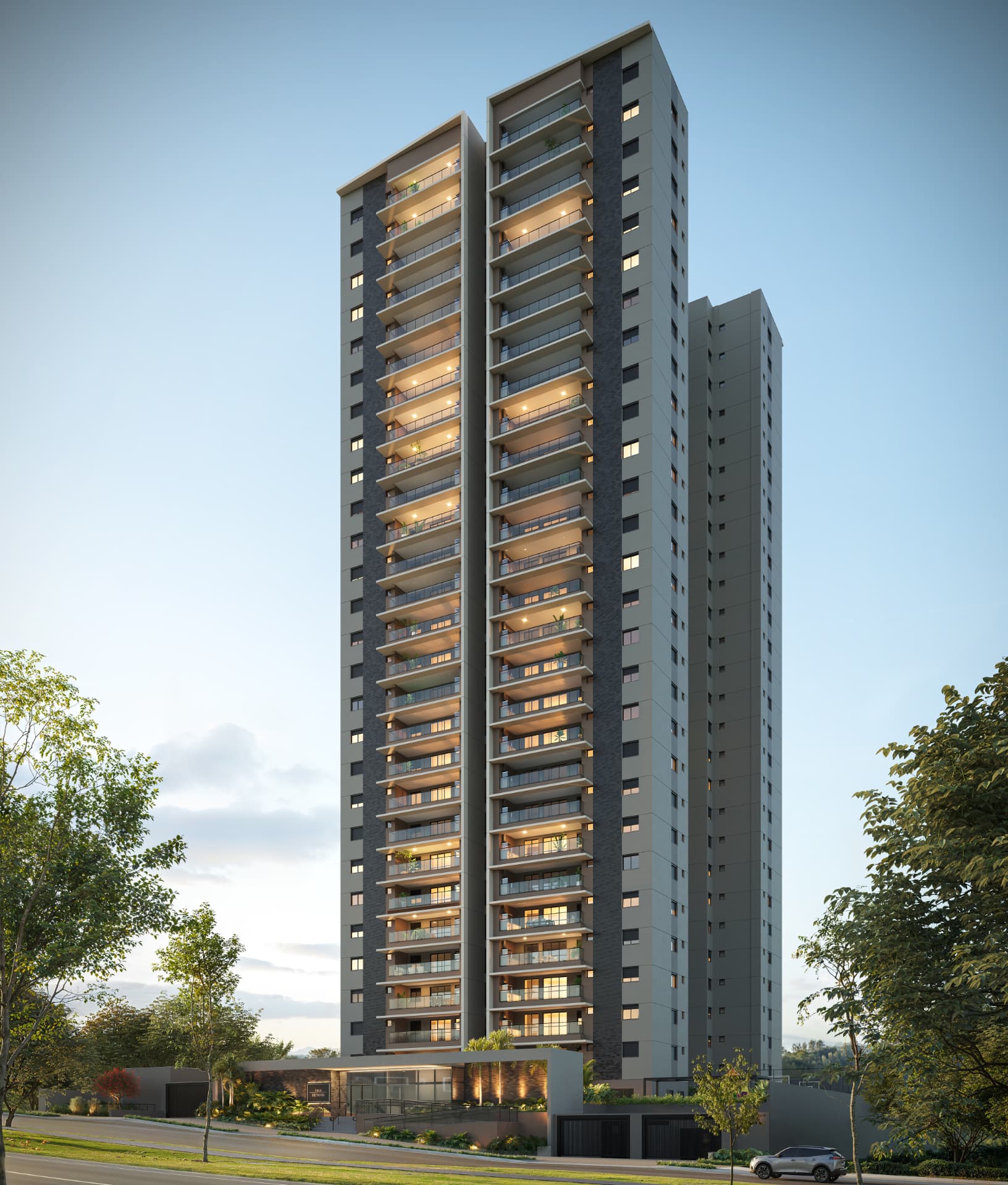 Fachada do empreendimento Über Renoir cercada por área verde